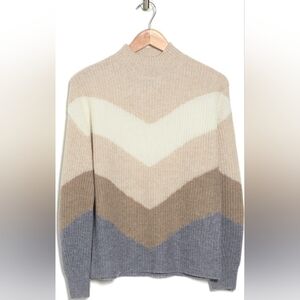 Griffen Chevron Mock Neck Wool & Cashmere Sweater Size XL cream, tan, blue